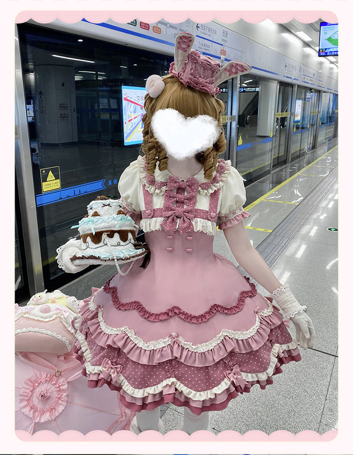 Sakurahime~Bunny Breeze~Pink Sweet Lolita OP Dress with Cute Hat and Bunny Ears