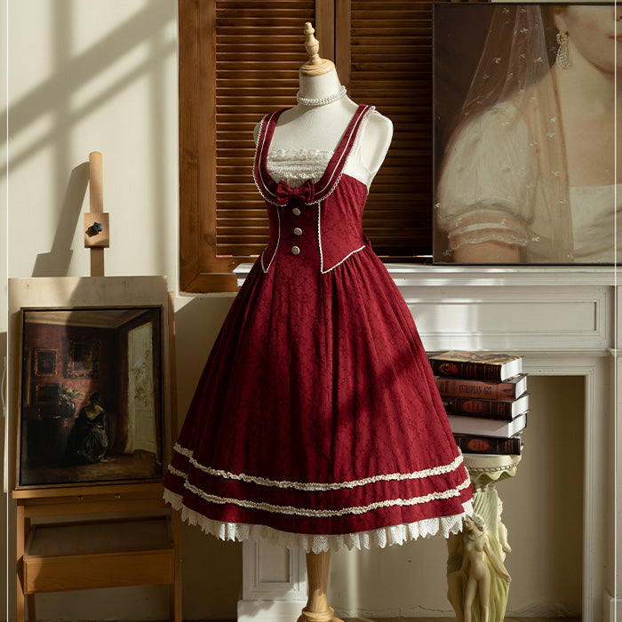 (BFM)Aurora Borealis~Rose Waltz~Elegant Vintage Lolita Collared Vest JSK Dress XS solid color burgundy jacquard 