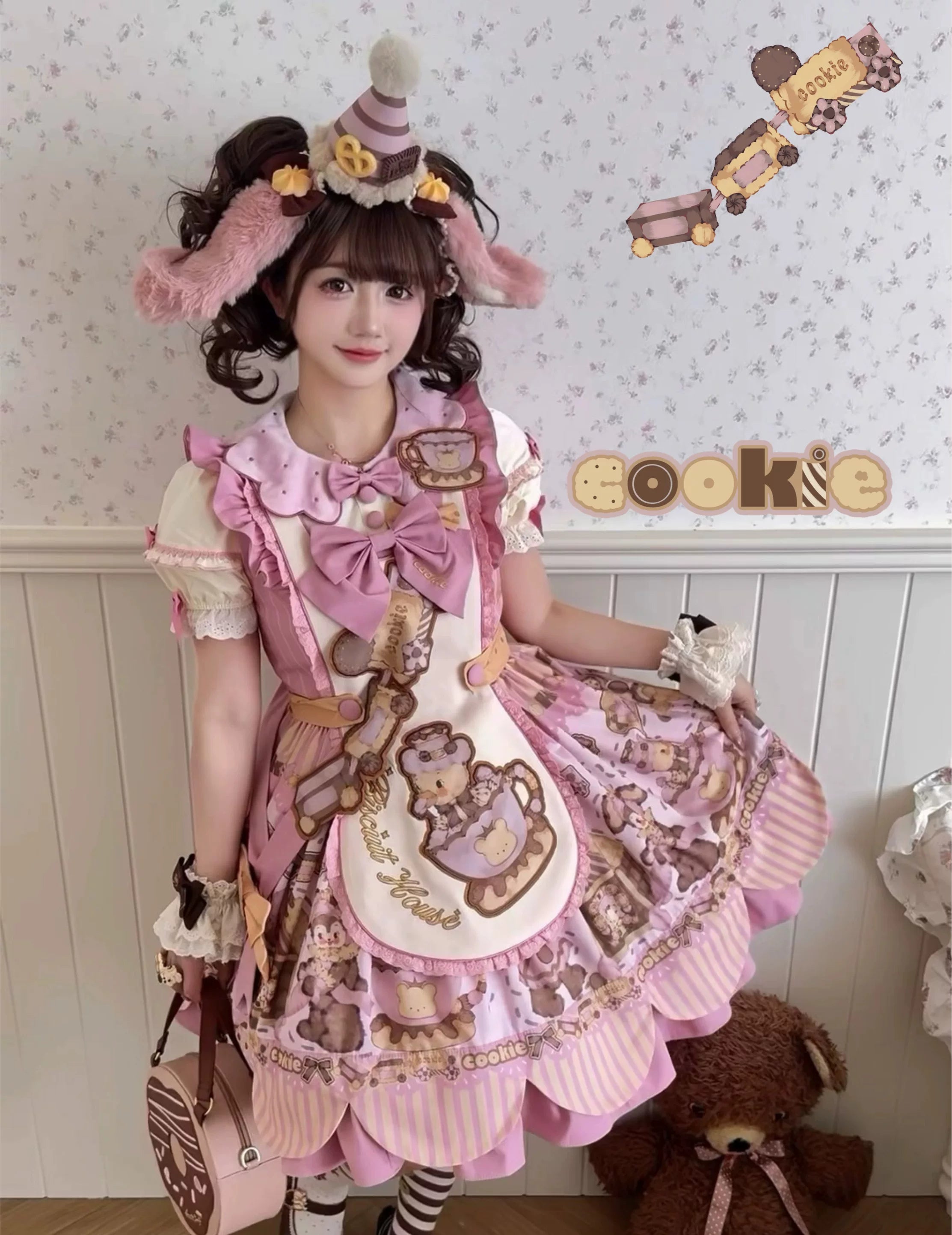 Bear Biscuit SP - Kawaii Lolita Bear Printed Dress Set with Bows Pink S OP + Apron + KC + Two Brooches