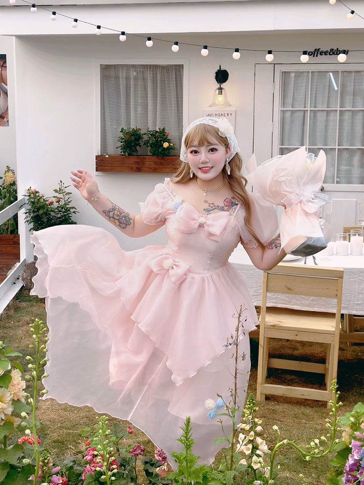 Yingtang~Plus Size Pink Lolita Gorgeous OP Dress Princess Trailing Dress Pink - long OP XL 