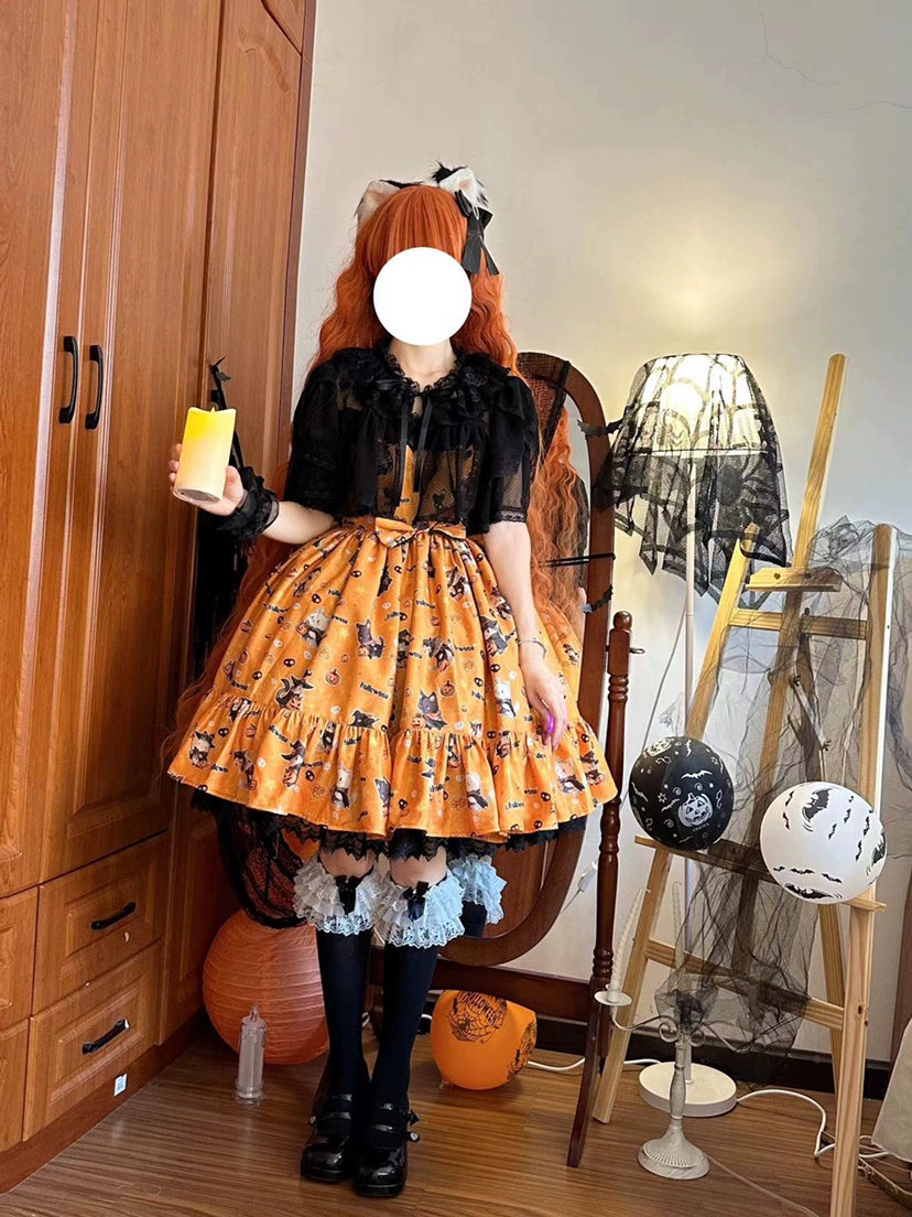 (Buyforme)Strawberry Alice~Mew Mew Witch Halloween Cat Print Lolita JSK   
