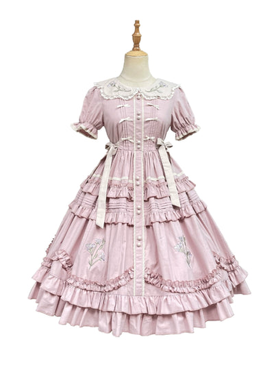 ZhiJinYuan~Iris Poem~Country Lolita OP Dress Iris Embroidery Dress S Grey pink OP 