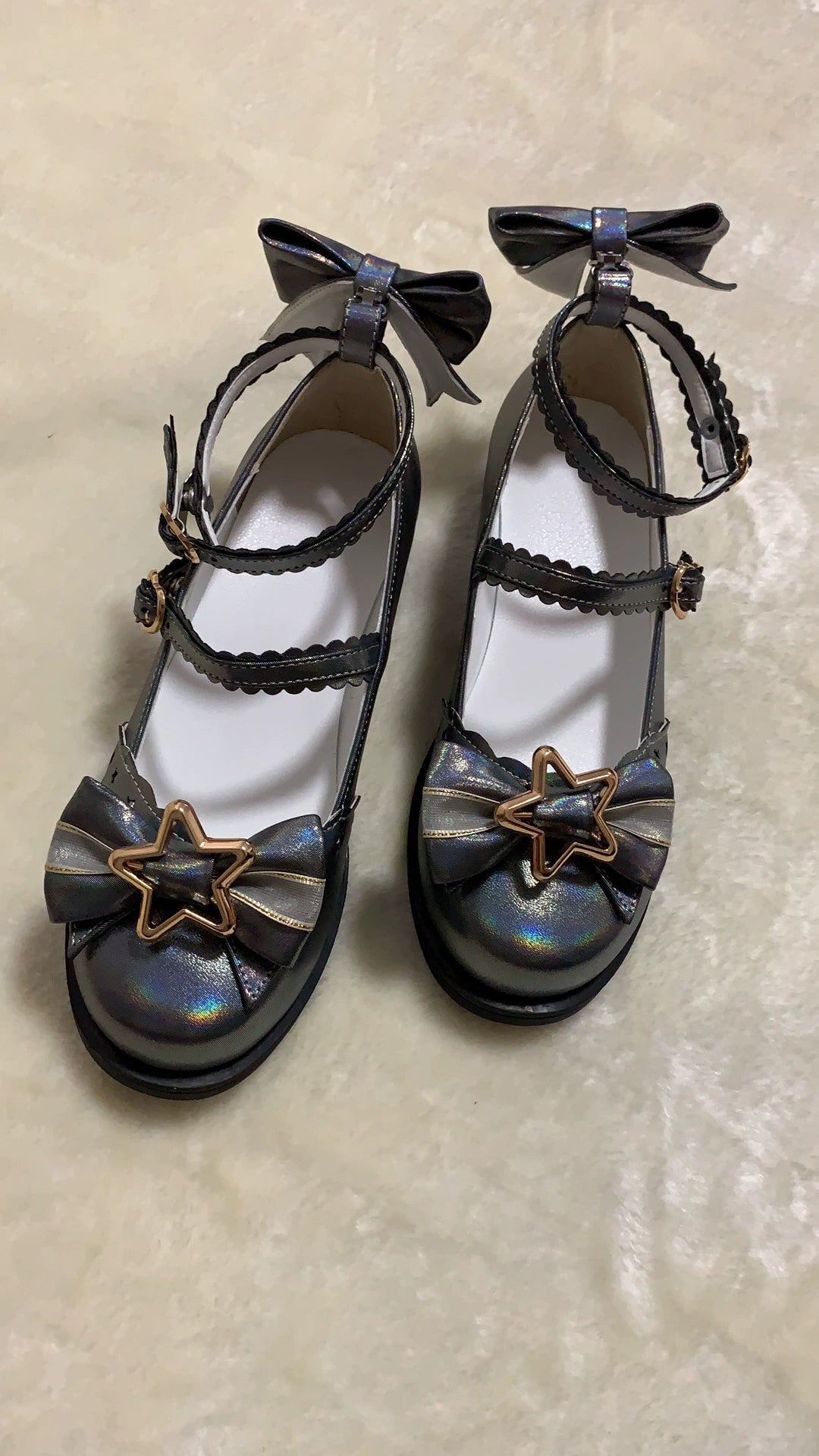 (BFM)Bubble Cat~Dreamy Starry~Sweet Lolita Shoes Low Heel Bow Shoes 34 black (giltter under the sun)