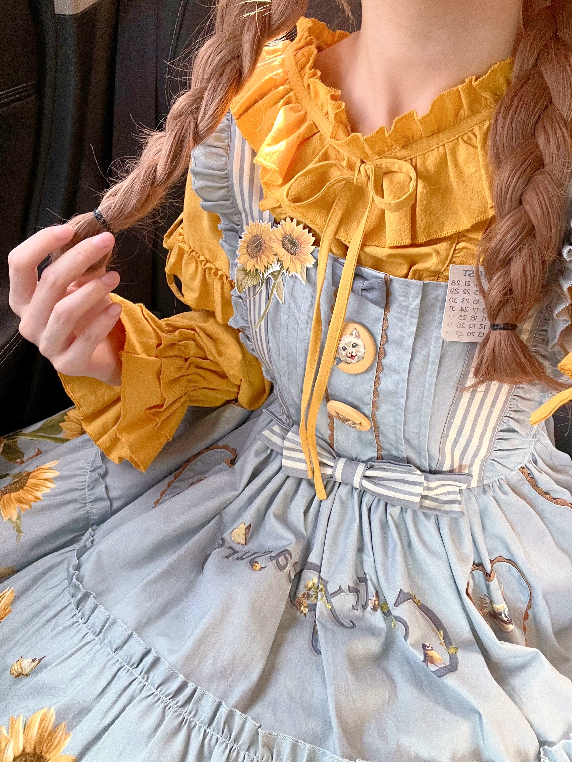 Polaris Lolita - Cat and Sunflower - Sweet Lolita JSK Cat and Sunflower Print Dress and Headdress Set