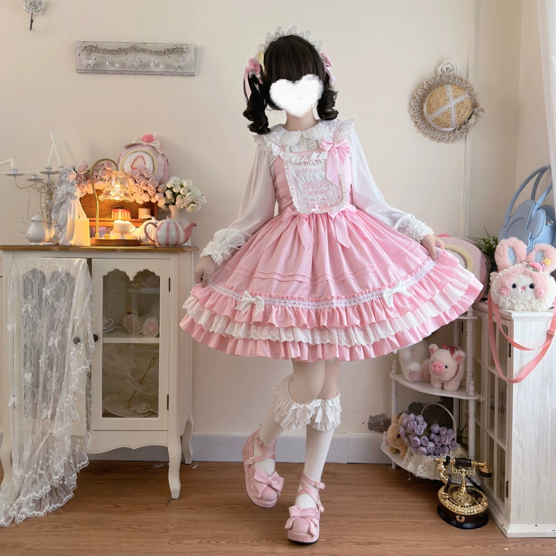 Hanguliang - Sweet Bear - Kawaii Lolita JSK Dress Embroidery Flounce Hem S pink JSK + brand carton box
