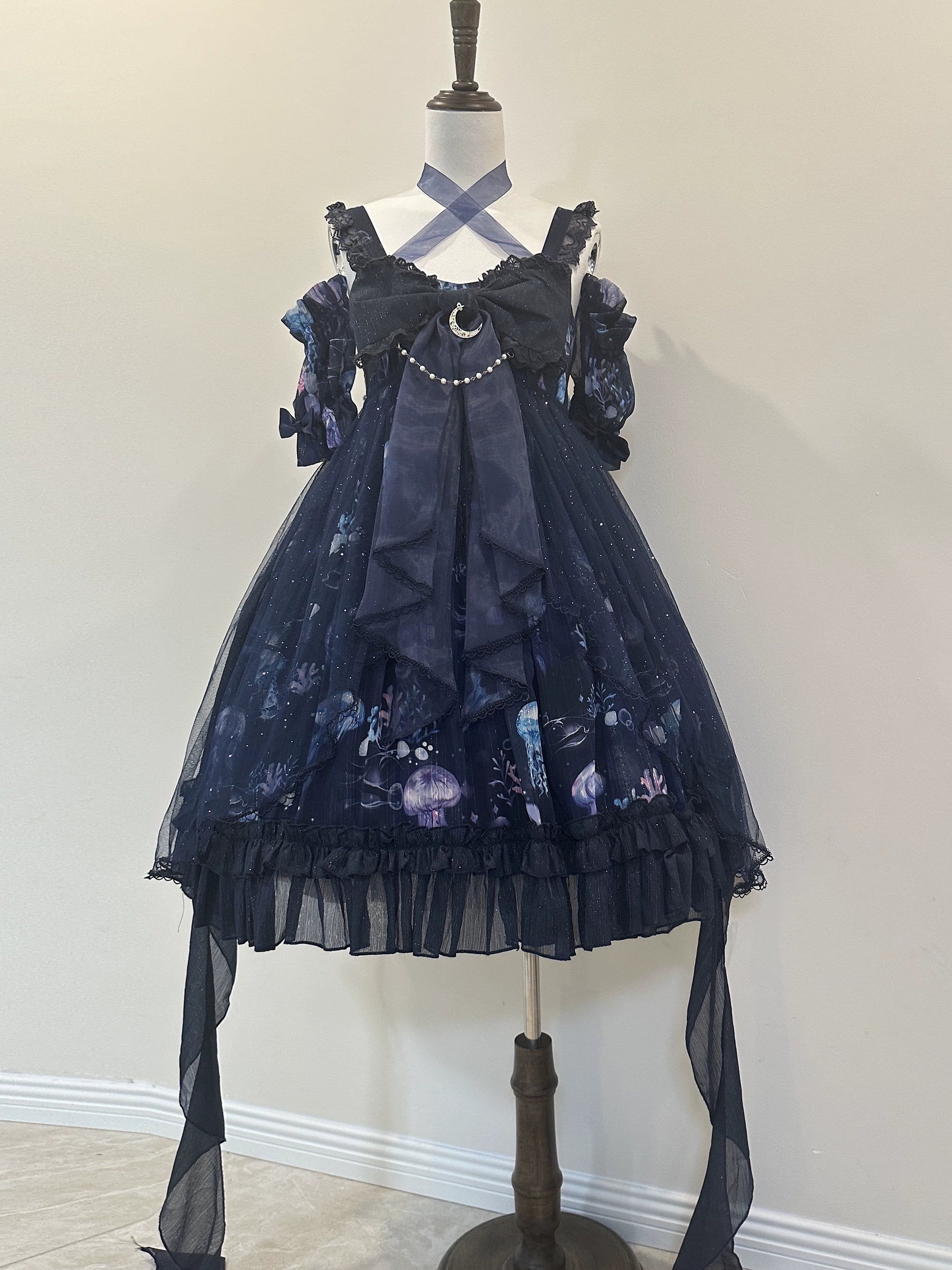 Coral Jellyfish - Sweet Lolita High-waist JSK Dress, Jellyfish & Coral Print (L M S) 44906:827327