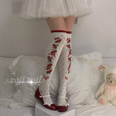Roji Roji~Autumn Sweet Lolita Cotton Thigh-high Socks red over-the-knee socks free size 