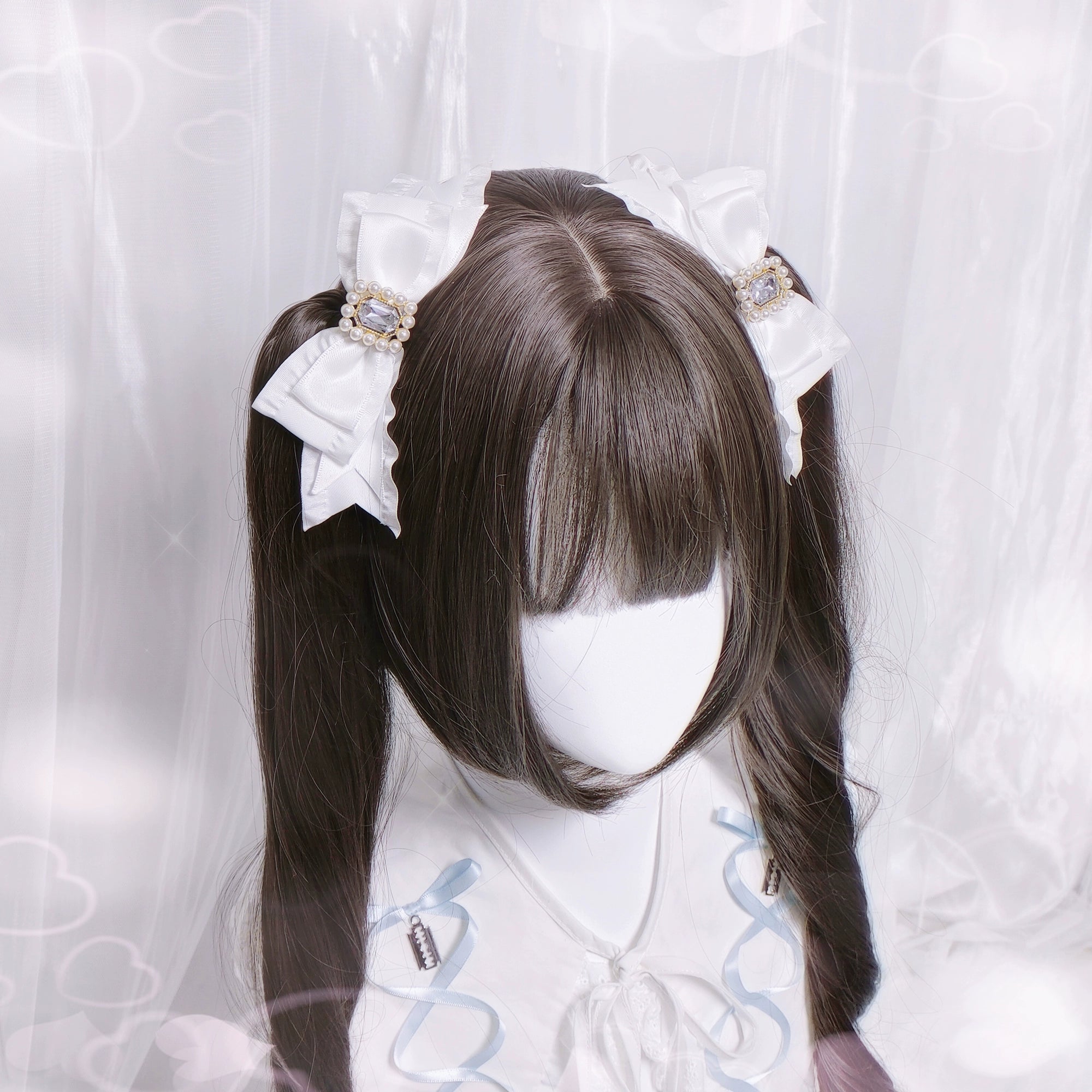 Rabbit Lolita - Sweet Lolita Hair Clips Pearl Diamond Bow Versatile Hair Accessories White hair clip(a pair)