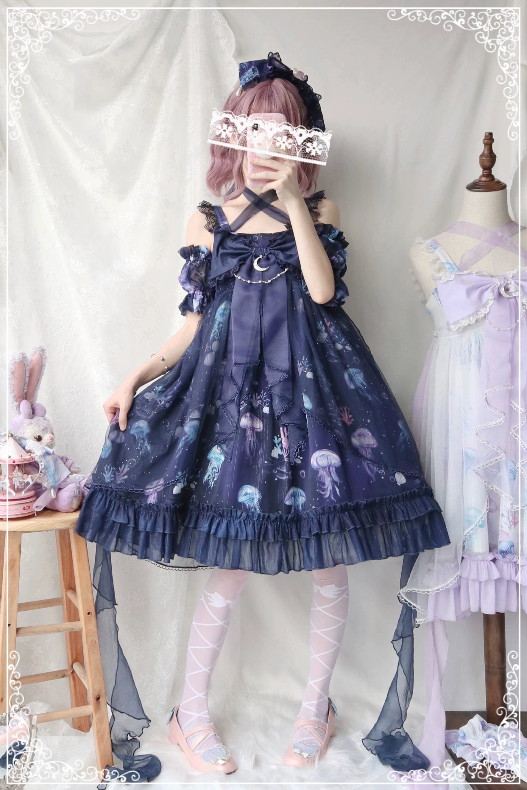 Coral Jellyfish - Sweet Lolita High-waist JSK Dress, Jellyfish & Coral Print 44906:827405