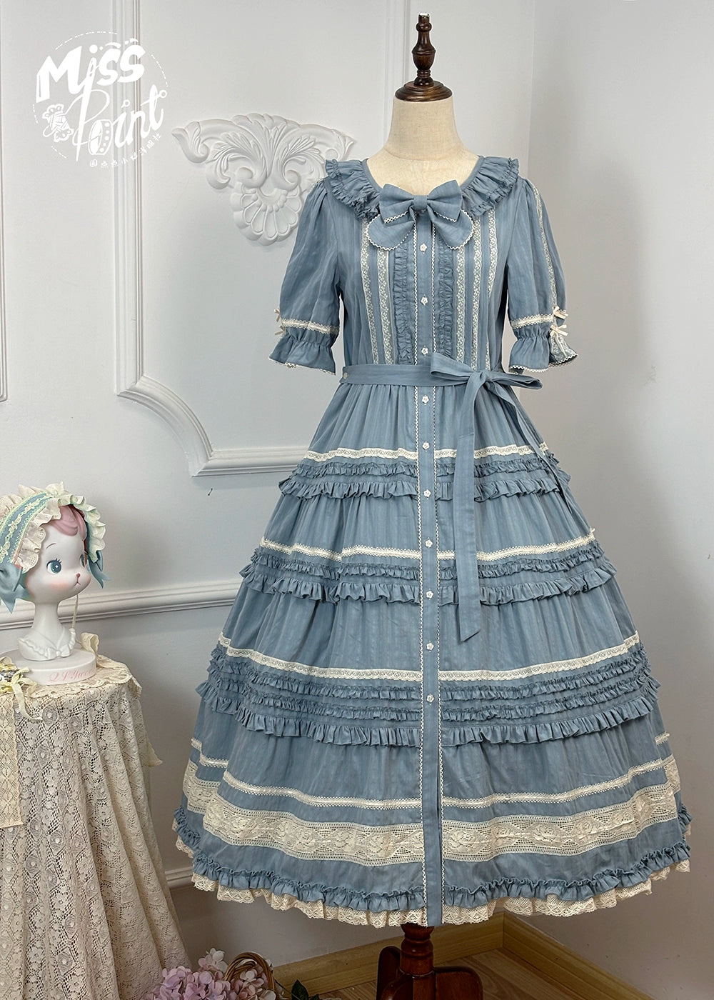 Miss Point~Cat Rose Tea~Elegant Lolita OP Open-front Short Sleeve Tiered Dress (2XL L M S XL XS) 42135:727825