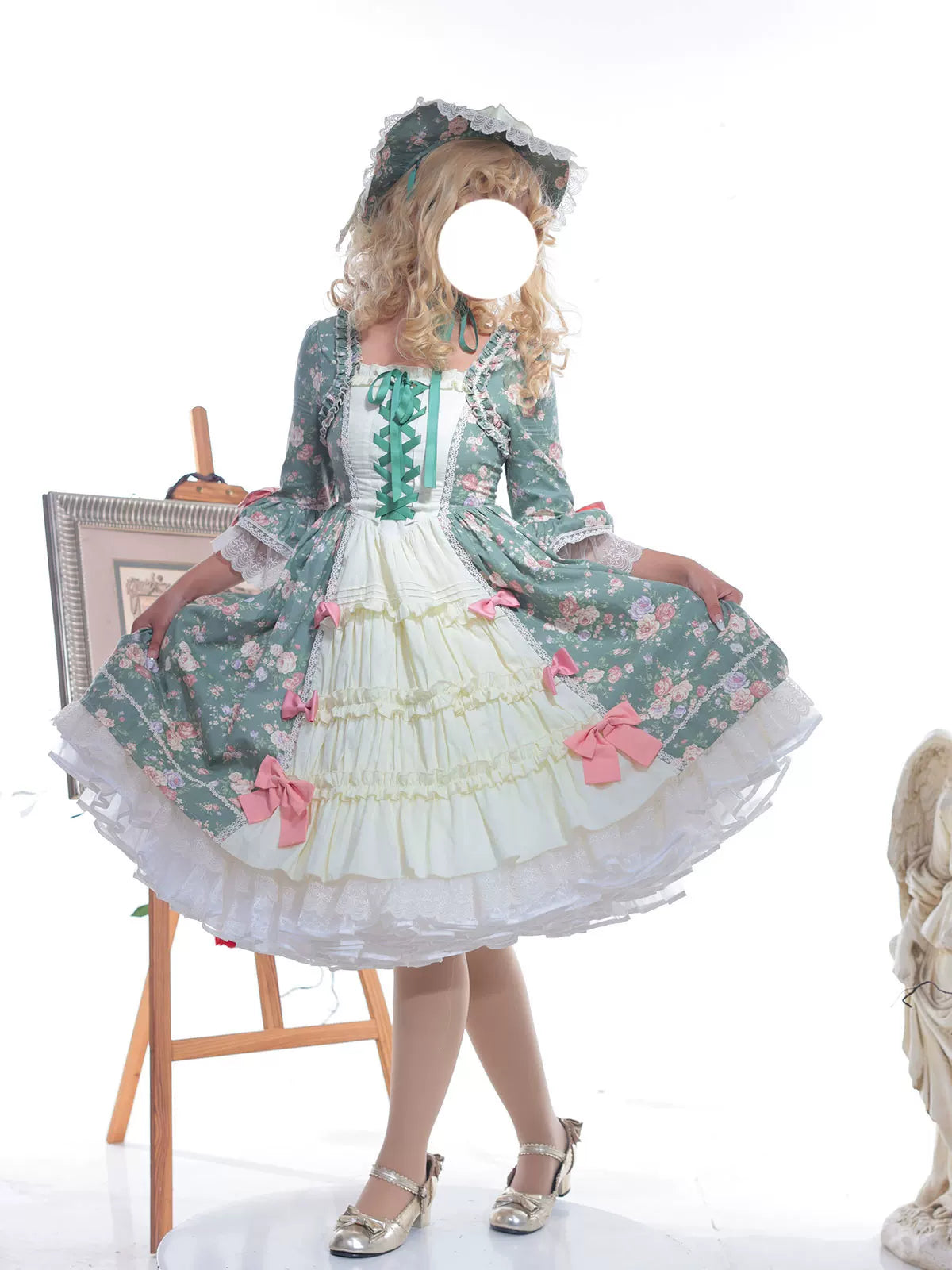 Classic Lolita Rococo Floral Print OP Dress, Lace Hime Sleeve 45668:857614