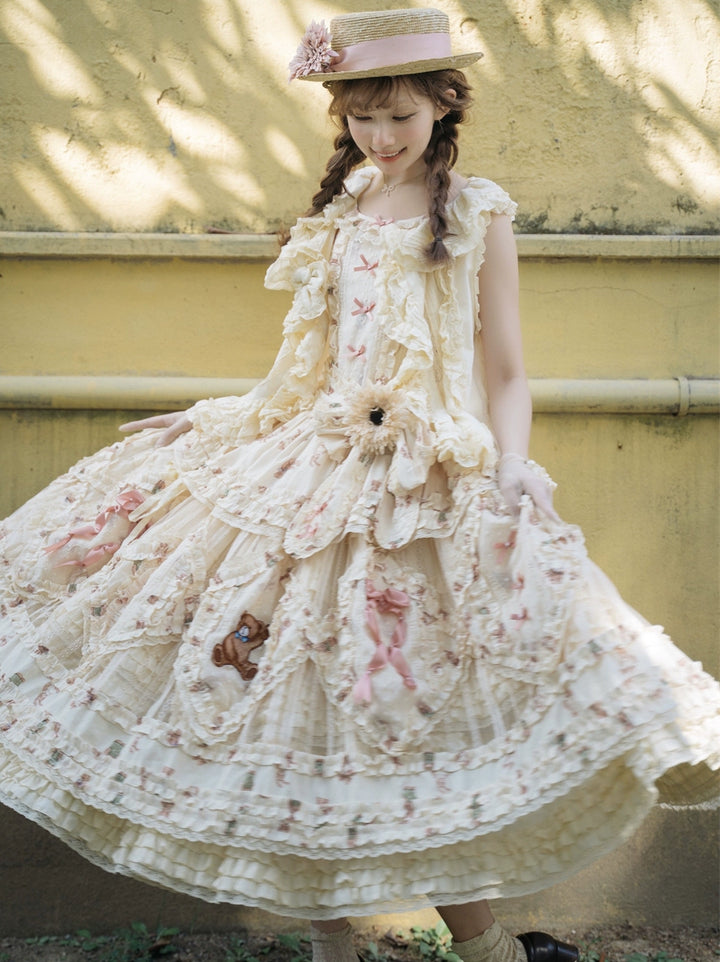 MONO GIRL~Rottengburg Bear~Sweet Lolita JSK Print Hollow-out Ruffles Dress 40730:674836