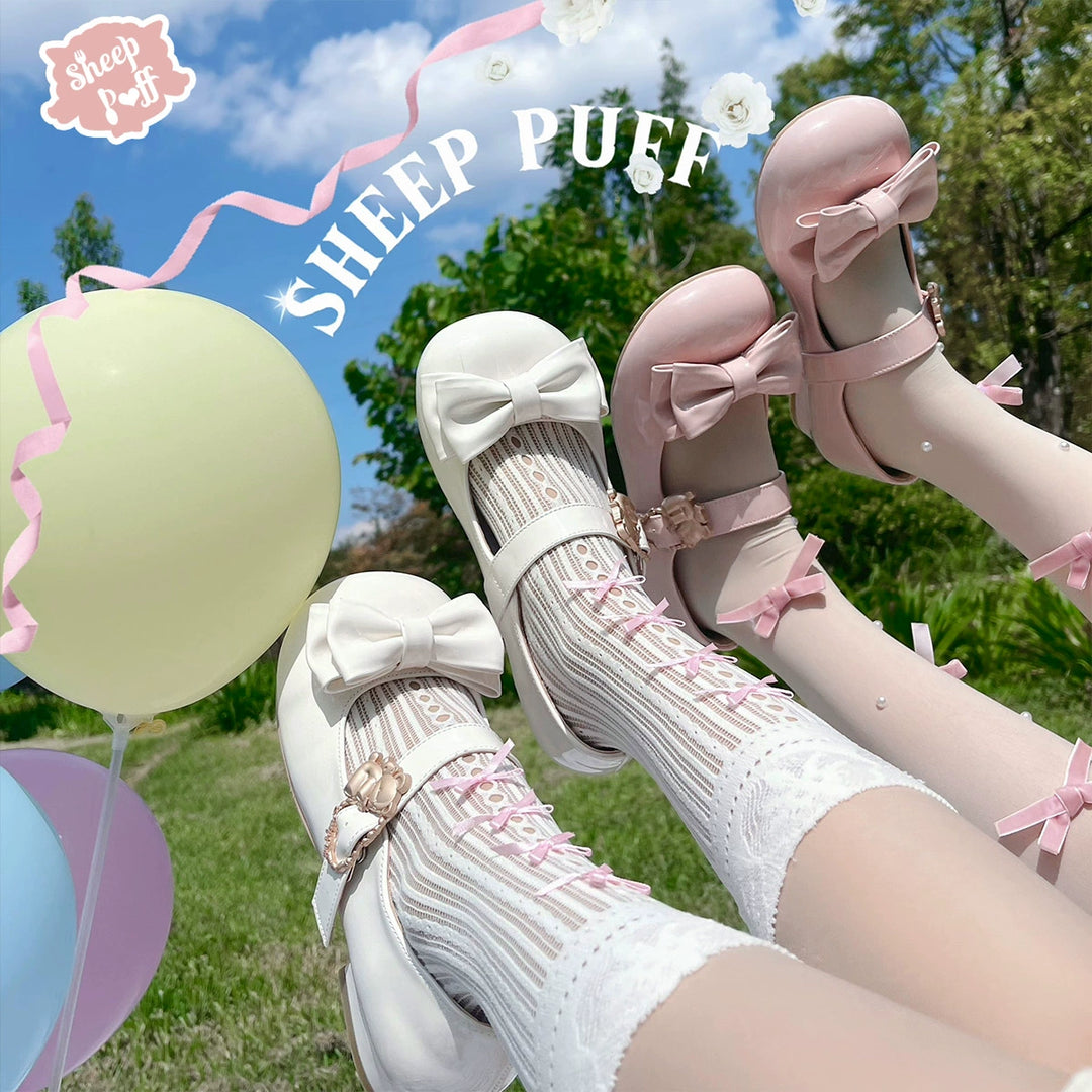 Sheep Puff~Hug Bear~Sweet Lolita Heel Shoes Bear Metal Buckle Bow Shoes   