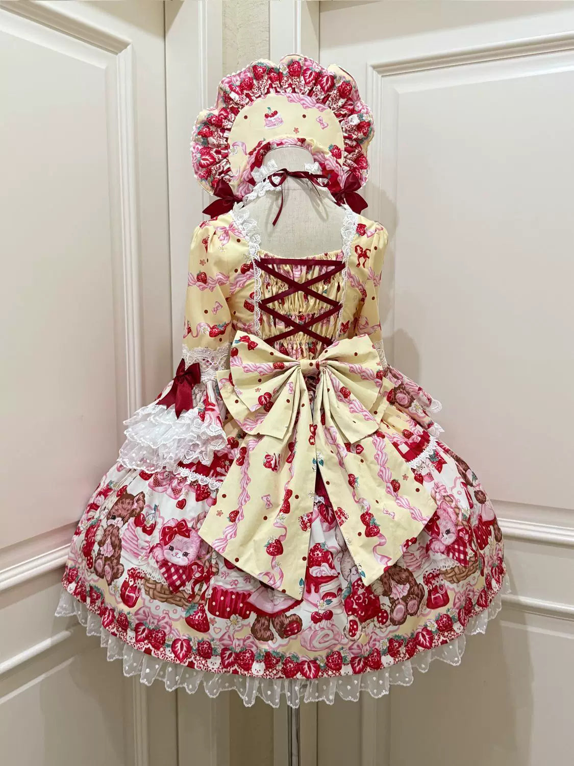 SweetBerry Bunny Bear - Sweet Lolita Hime Sleeve OP Dress, Strawberry and Bear Print Yellow - OP + Back Trailing Bow S