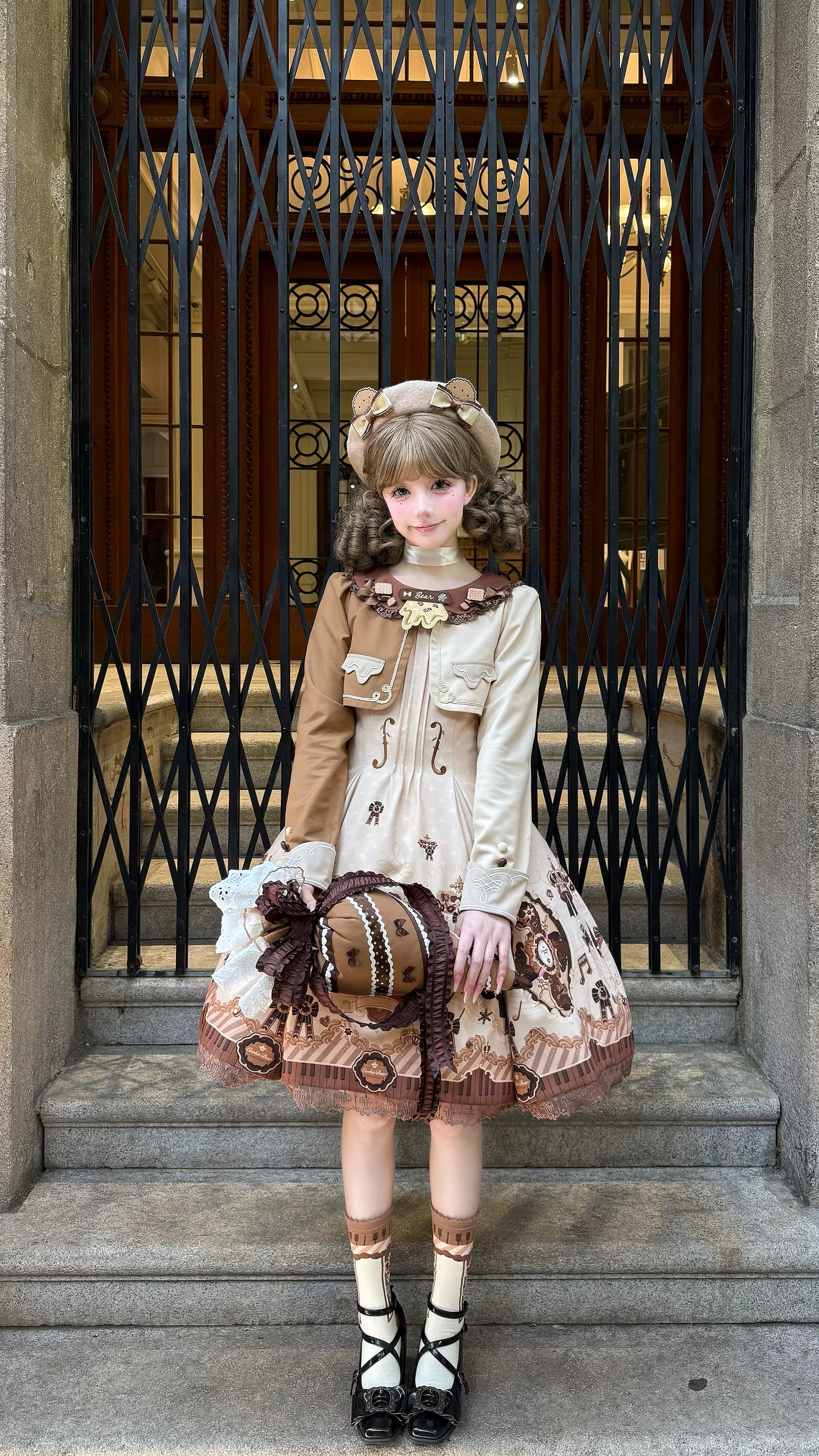 Cream Bear - Print Kawaii Lolita Fake Two-Piece OP, A-lined JSK Dress 44502:811641
