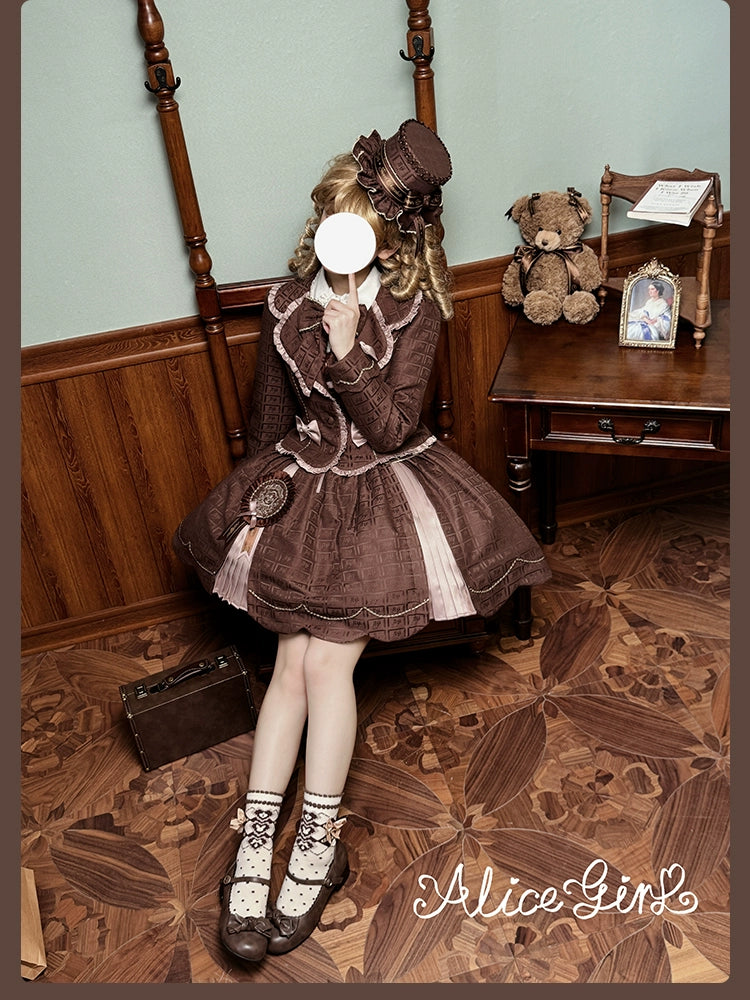 Alice Girl - Bear Chocolate Slab - Classic Lolita Slim Fit Jacket Coat, Lapel Collar 44310:803978
