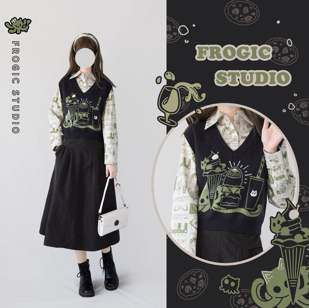 (BFM)Frogic Studio~Call Of Cathulhu~Kawaii Lolita Vest V-Neck Round Neck Double-Wearing Vest Matcha Gray Free size 