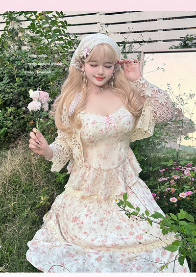 Yingtang~Plus Size Lolita SK Suit Swee Lace Hollow Out Top Floral Skirt   