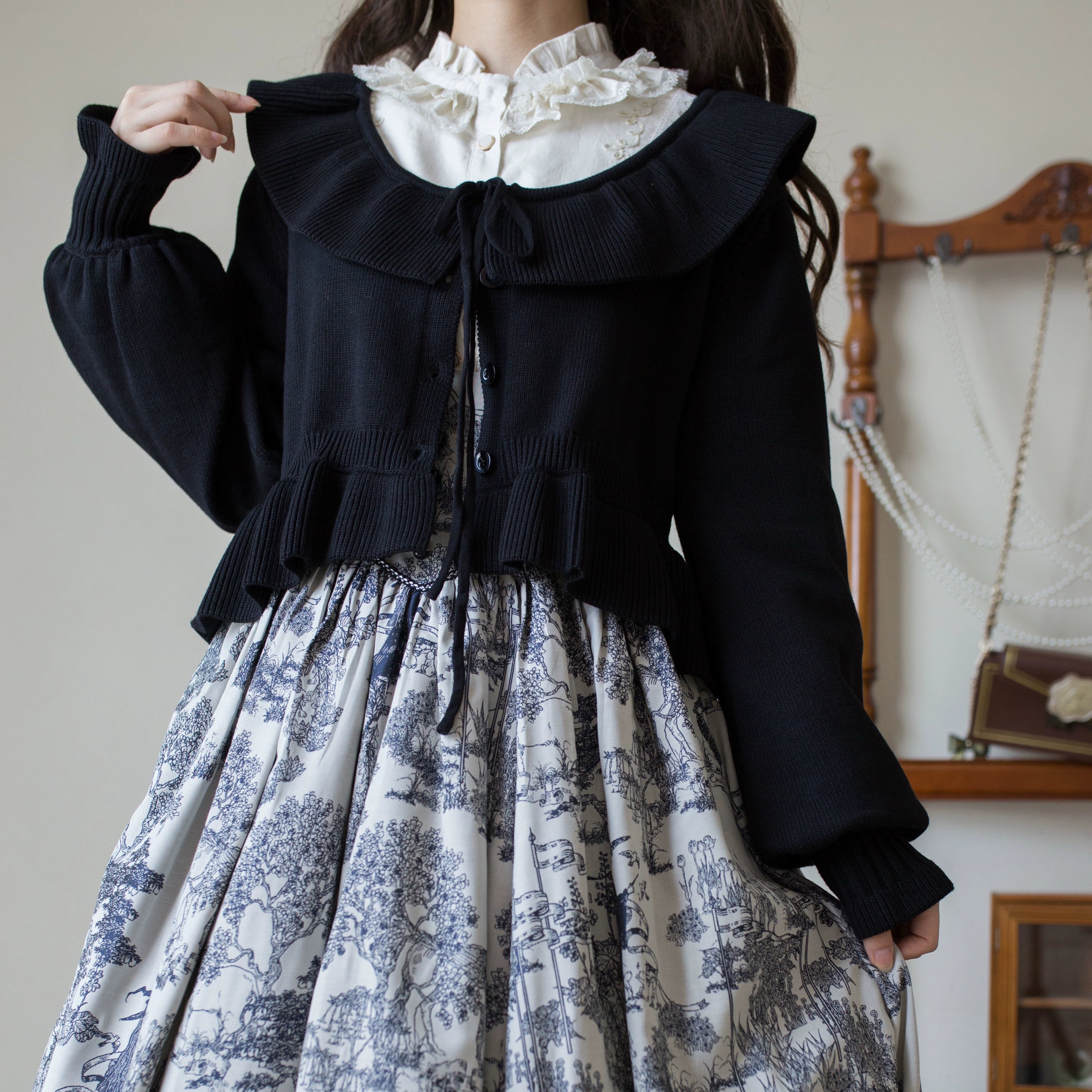 MIST - Lustre White - Kawaii Lolita Sweater Cardigan, Lantern Sleeves 44187:797926