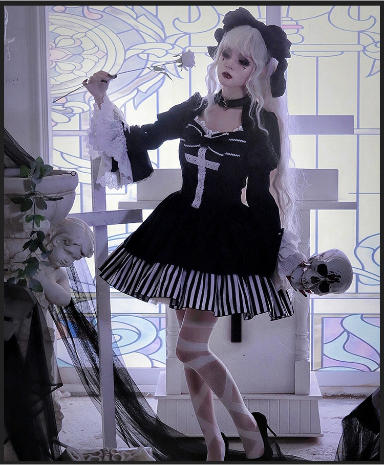 With PUJI~Requiem of Peace~Gothic Lolita Halloween Dress Fake Two-Piece OP   