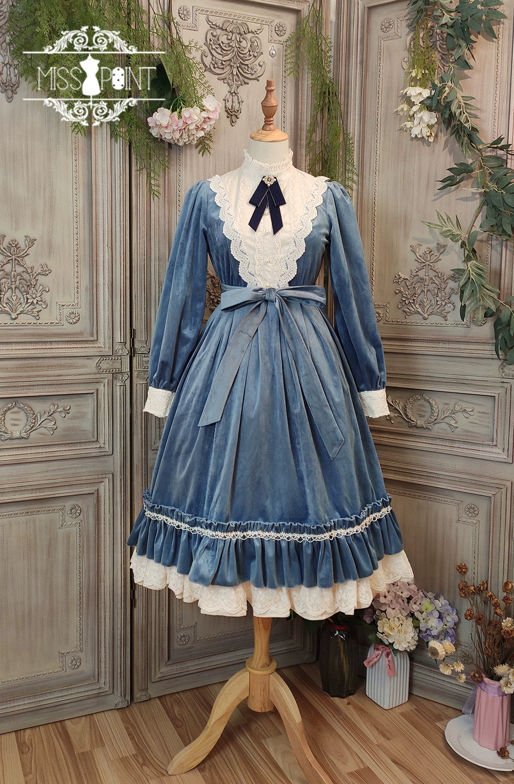 (BFM)Miss Point~Customized Lolita Dress Vintage Elegant Velvet OP Dress XS Misty blue 