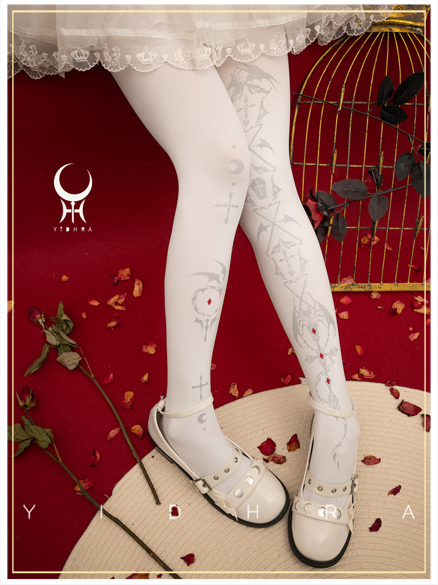 Yidhra~Dragon of Last Descent~Winter Lolita Pantyhose Goth Halloween Socks Free size White Silver - Regular Style 