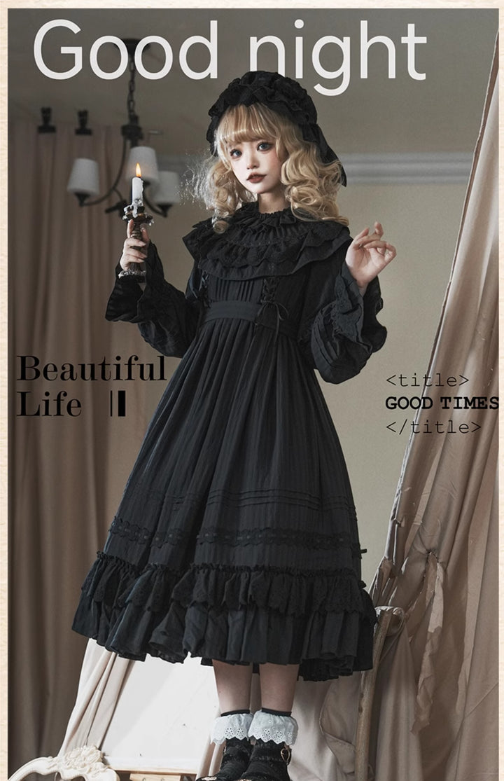 Sanshanjiu~Goodnight Black~Gothic Lolita Black OP with Round Cape Collar