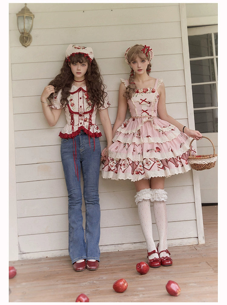 With PUJI~Apple Orchard~Country Lolita SK Embroidered Twins Lolita Top Skirt   