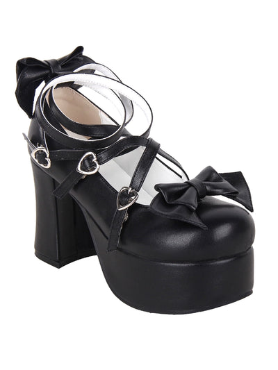 Angelic imprint~Black Lolita Shoes High Heel Bow Round Toe Shoes   