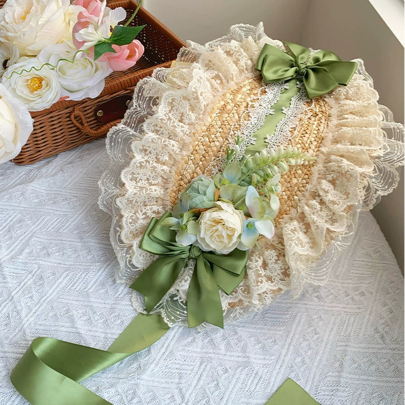 With PUJI~Floral Language~Country Lolita Lace Bow Flat Cap Straw Hat free size green (in stock) 