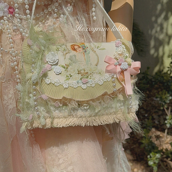 Hexagram~Camellia~Country Lolita Handbag Lace Feather Crossbody Bag green  
