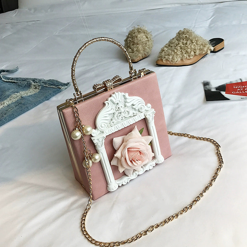 Prime Sister - Gothic Lolita Retro Bag Baroque Square Crossbody Bag Pink (Rose Pattern)