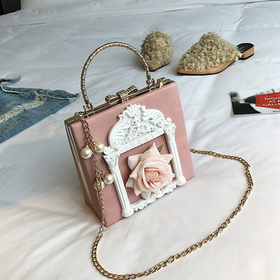 (BFM)Prime Sister~Gothic Lolita Retro Bag Baroque Square Crossbody Bag Pink (Rose Pattern)  