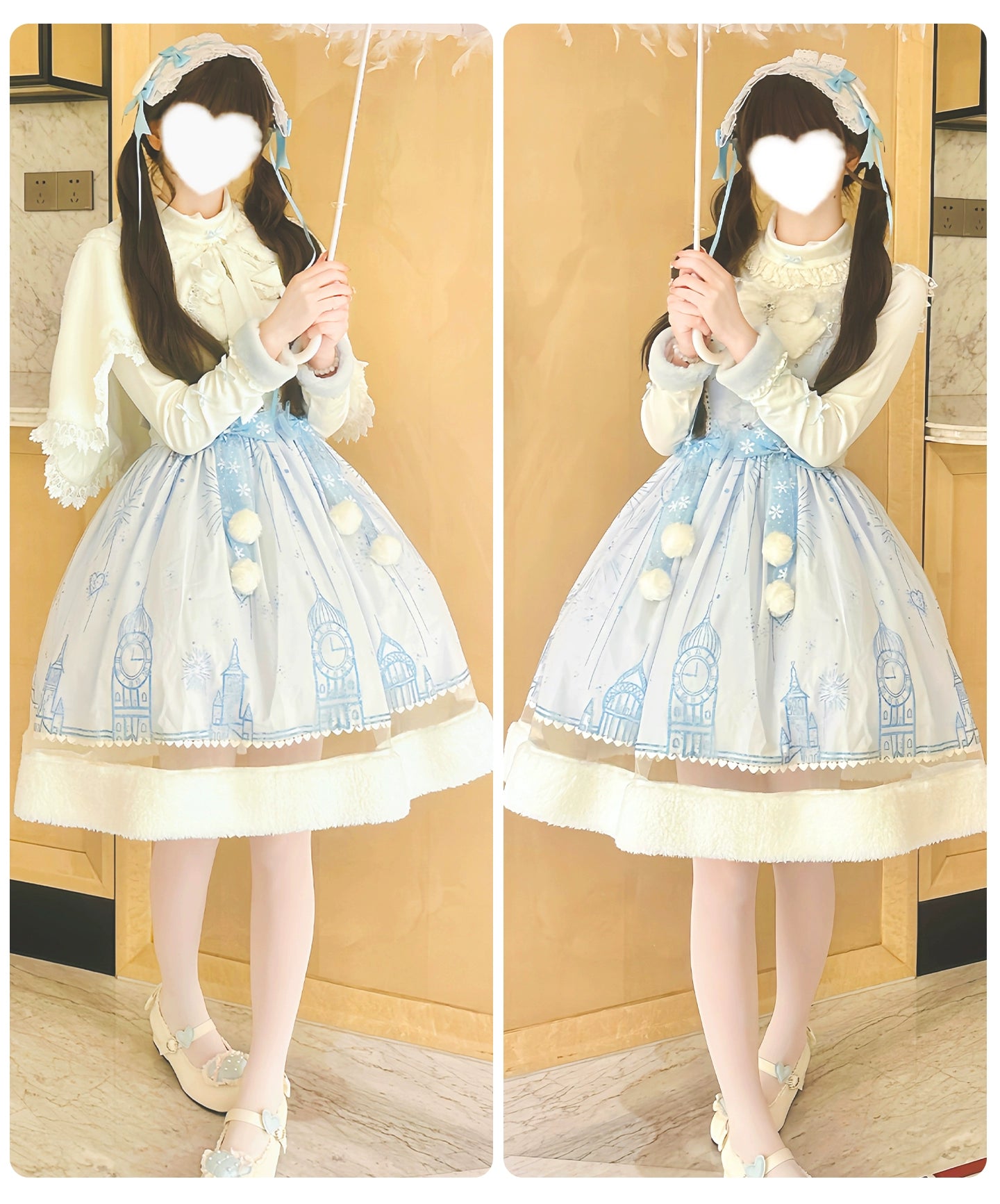ZhiJinYuan - Snow Castle - Winter Sweet Lolita JSK Cape Dress, Blue Castle Print 44107:796472