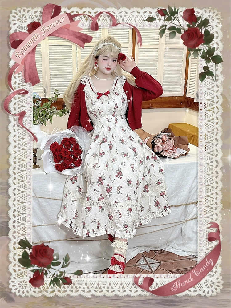 Yingtang~Plus Size Lolita Cardigan Set Elegant French Rose Print Dress 31448:375728