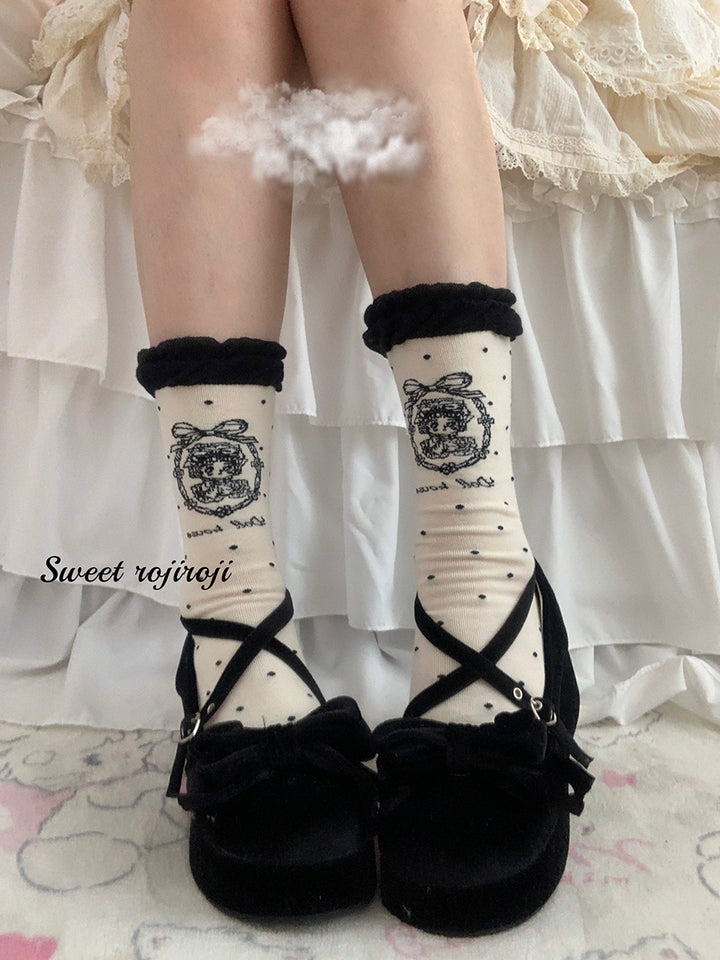 Roji Roji~Kawaii Cotton Lolita Socks Mid-calf Socks Free size Black mid-calf socks about 34cm 