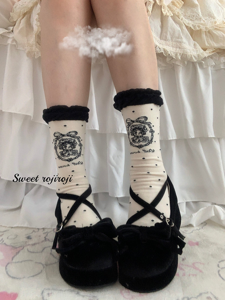 Roji Roji - Kawaii Cotton Lolita Socks Mid-calf Socks One Size Black mid-calf socks / about 12.6" (32 cm)