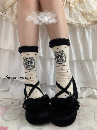 Roji Roji~Kawaii Cotton Lolita Socks Mid-calf Socks Free size Black mid-calf socks, about 34cm 