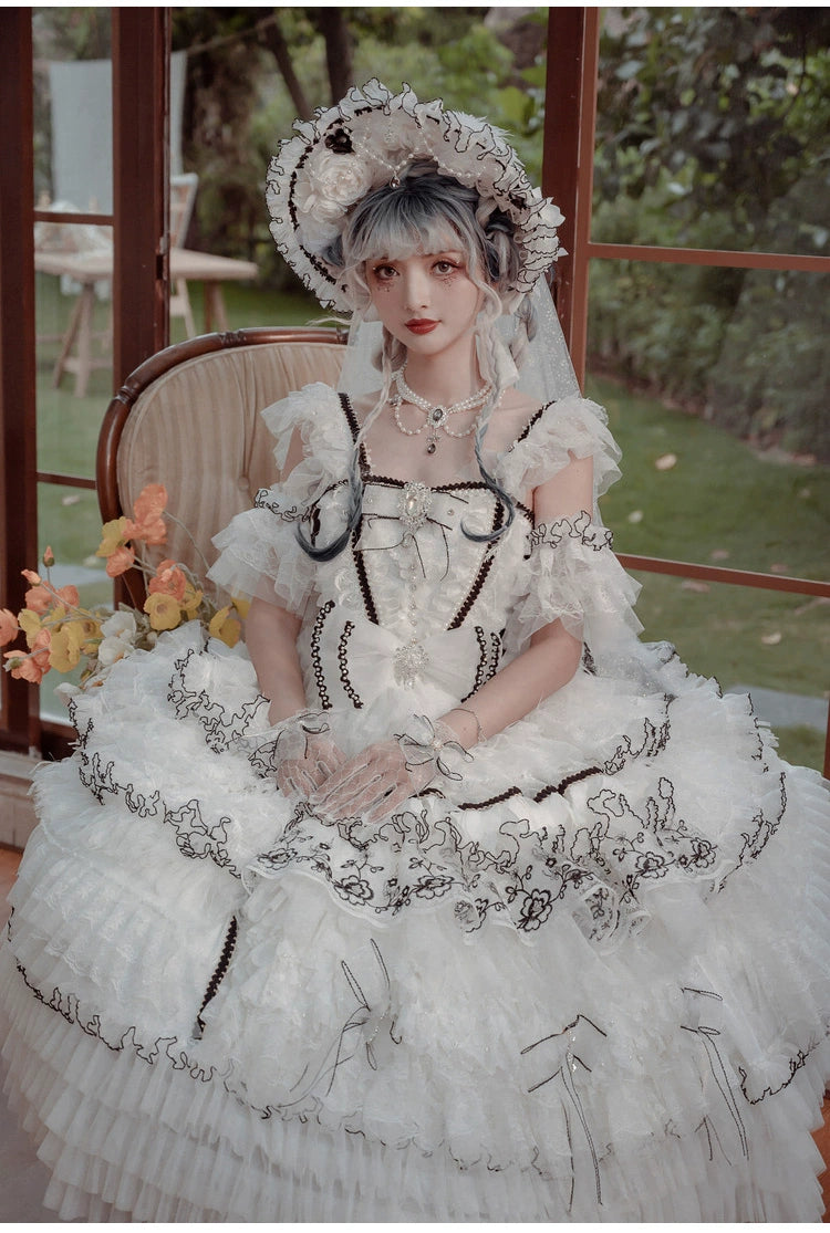 Cat Fairy~Dark Starry Night~Wedding Lolita Jumper Dress Black And White Tea Party Dress