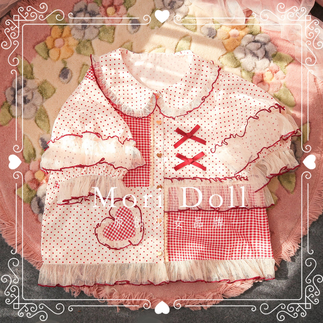 Mori Doll~Peach Tea~Sweet Lolita Dot and Stripe Print Short Sleeve Blouse