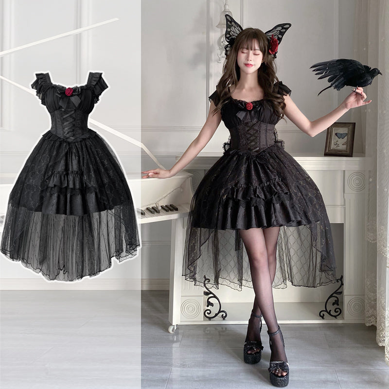 Your Princess~Gothic Lolita Black A-shaped OP S balck dress+ a removable bow 