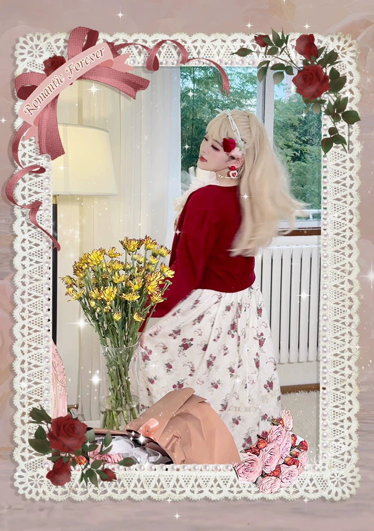 Yingtang~Plus Size Lolita Cardigan Set Elegant French Rose Print Dress 31448:375778