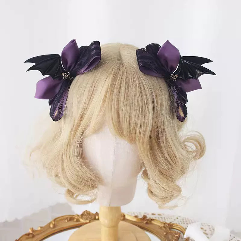 Gothic Lolita Hair Clips, Cross & Devil Wings Dark Purple