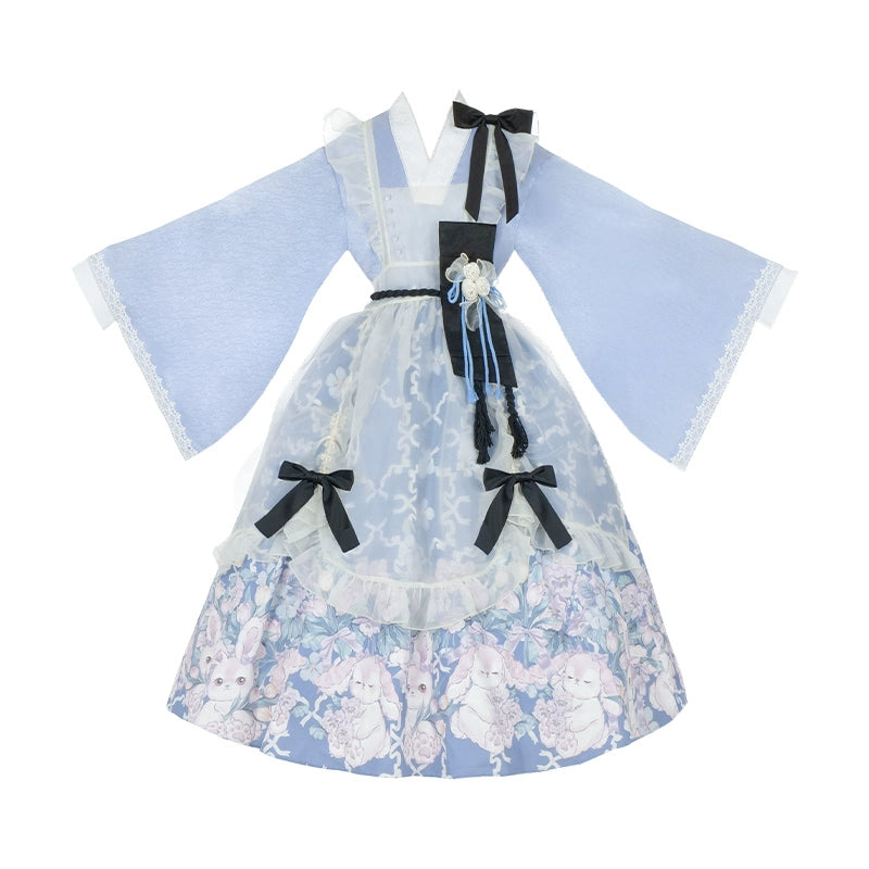 With PUJI~Letter and Poetry~Wa Lolita Dress Maid Printed OP Dress Set   