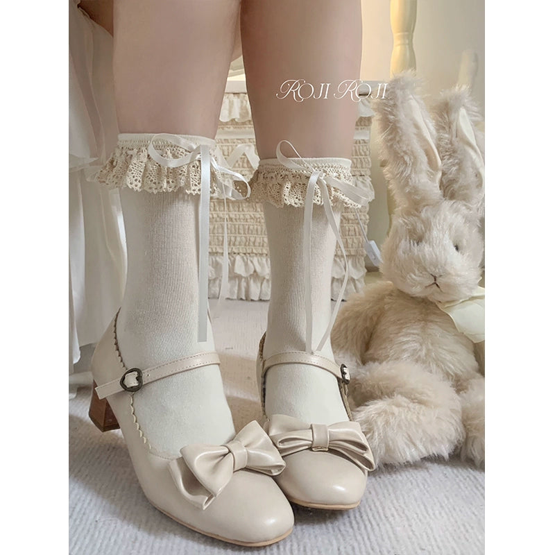 Roji Roji~Cotton Lolita Socks Lace Bow Beige Short Ankle Socks