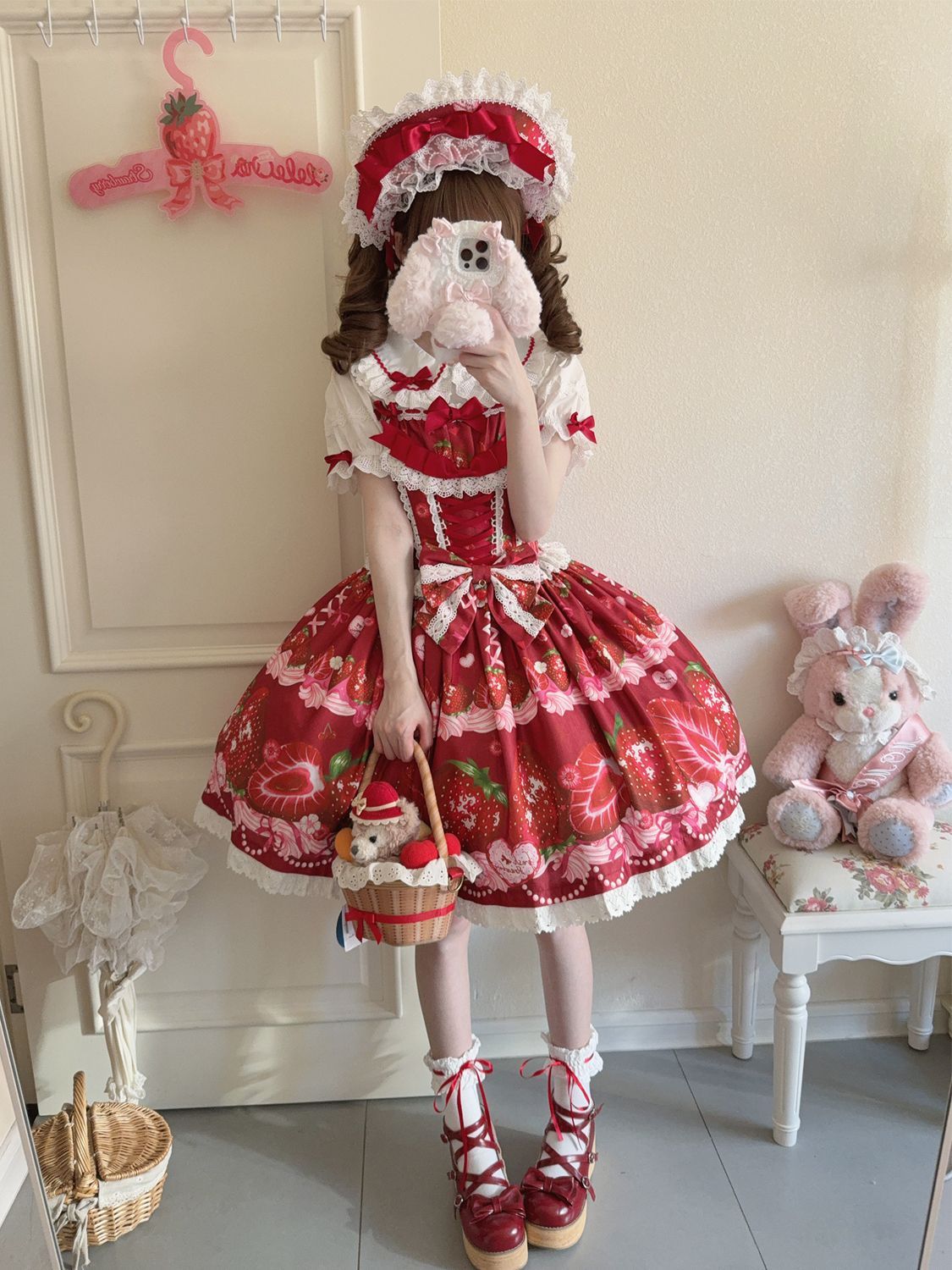 Hanguliang - Strawberry Tale - Sweet Lolita JSK Strawberry Printed Dress Red JSK only S