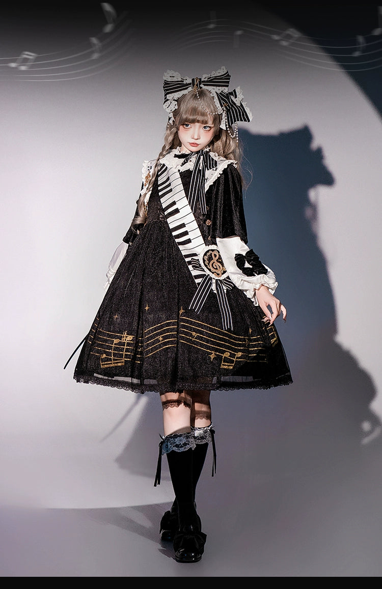 Forest Fluorescent Carps~Black and White Sonata~Ouji Lolita Vest Suit and Vintage Lolita OP Dress