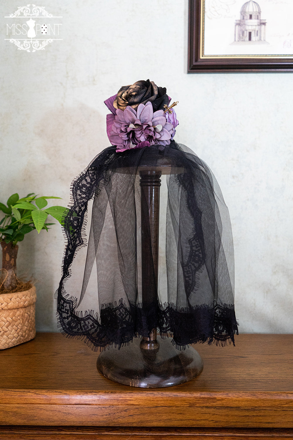 (Buyforme)Miss Point~Stripped Lolita Headband Veil Hat Clip Necklace purple dual-purpose flower ball (comes with lace veil)  