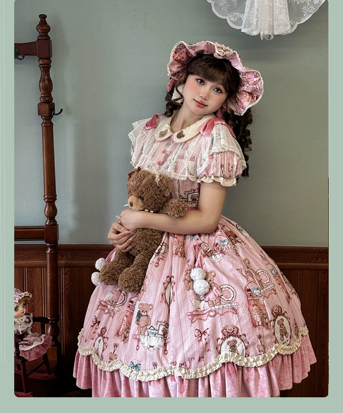 Alice Girl~Bear Doll Wall~Sweet Lolita OP Lovely Bear Print Dress   