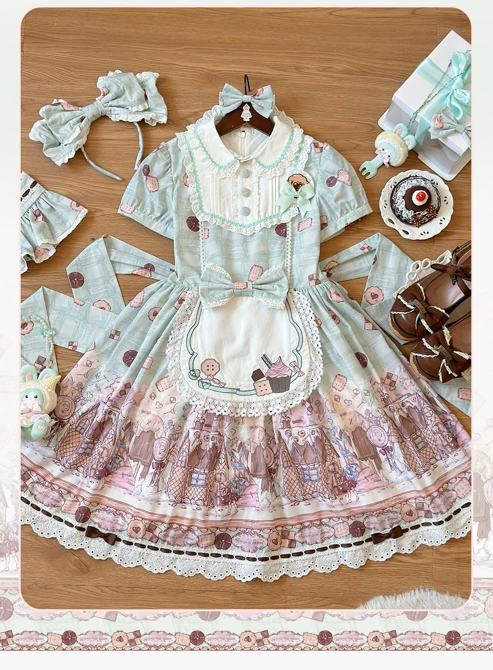 The Story of Frosting Town - Kawaii Lolita Print Dress, Detachable Apron (OP / L M S XL) 44387:806517